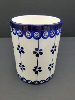 Signature Housewares Blue Pottery Utensil Holder Flowers Daisies Peacock Eyes